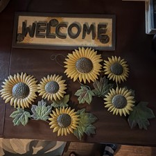 Welcome Sunflower Hanging Sign, Wood Metal Rectangular Country Wall Decor