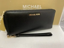 New Michael Kors Jet Set Travel MK Continental Wallet Wristlet Black Leather