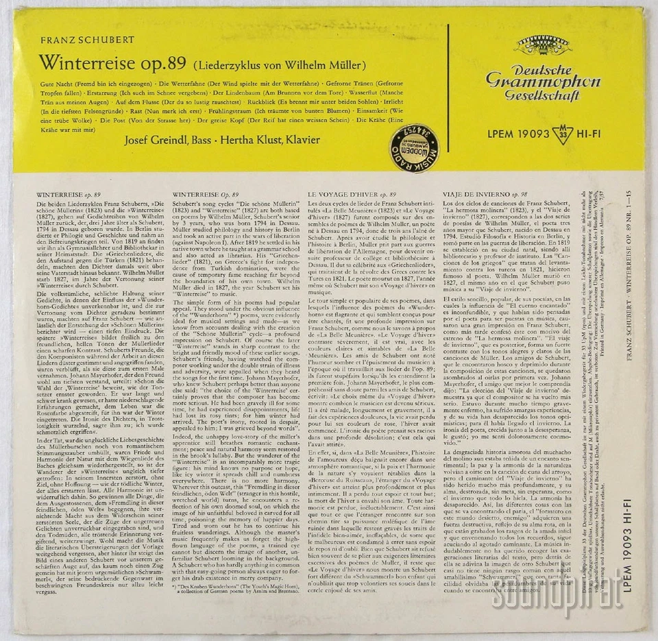 JOSEF GREINDL & KLUST SCHUBERT WINTERREISE DGG ED.1 TULIP 2 LP LPEM 19093/94 NM - Image 3 of 4