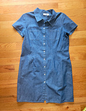 Vintage 90s Cherokee Women Blue Denim Cotton Shirt Dress Pockets Button Front XL