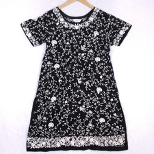 BIBA Black Embroidered Dress Short Sleeve Boho Luxe Cottagecore Folk Style L