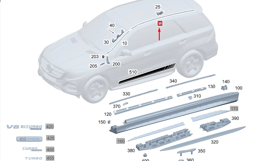 MERCEDES-BENZ GLE W167 Left Side Roof Strip Trim Bar A1676903704  