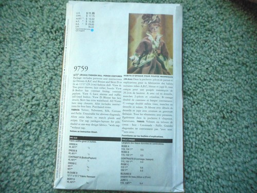 Vogue 9759 11 1/2" fashion doll period costumes UNCUT - Picture 2 of 2