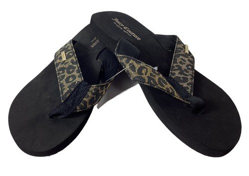 Juicy Couture Flip Flops Size 10 Sandals Thongs Smirk Black Leopard Glitter New - Picture 2 of 8