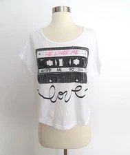 Modern Lux size LARGE He Loves Me More Mixtape graphic white tee blouse top