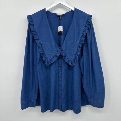 Eloquii Elements Tunic Top Shirt Blouse Plus Size 28 Denim Chambray Deep V Neck