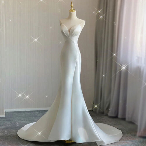 Weiß Satin Hochzeit nachlaufend Meerjungfrau Maxikleider Gast Cocktail Partykleid - Bild 1 von 8