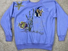 Vintage West Sweatshirt Men's Large Made in USA Under the Sea Fish Coral Purple