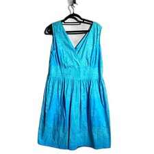 Vintage 1X Cotton Blue Plate Paisley Dress Knee Length V Neck Open Back Y2K VTG