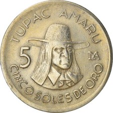 Moneda Perú 5 Soles de Oro | Tupac Amaru | KM267 | 1975 - 1977