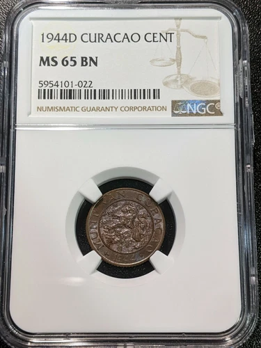 1944 D MS65 BN Curacao Cent NGC KM 41 Denver Mint Suriname "D Between 4 & O"