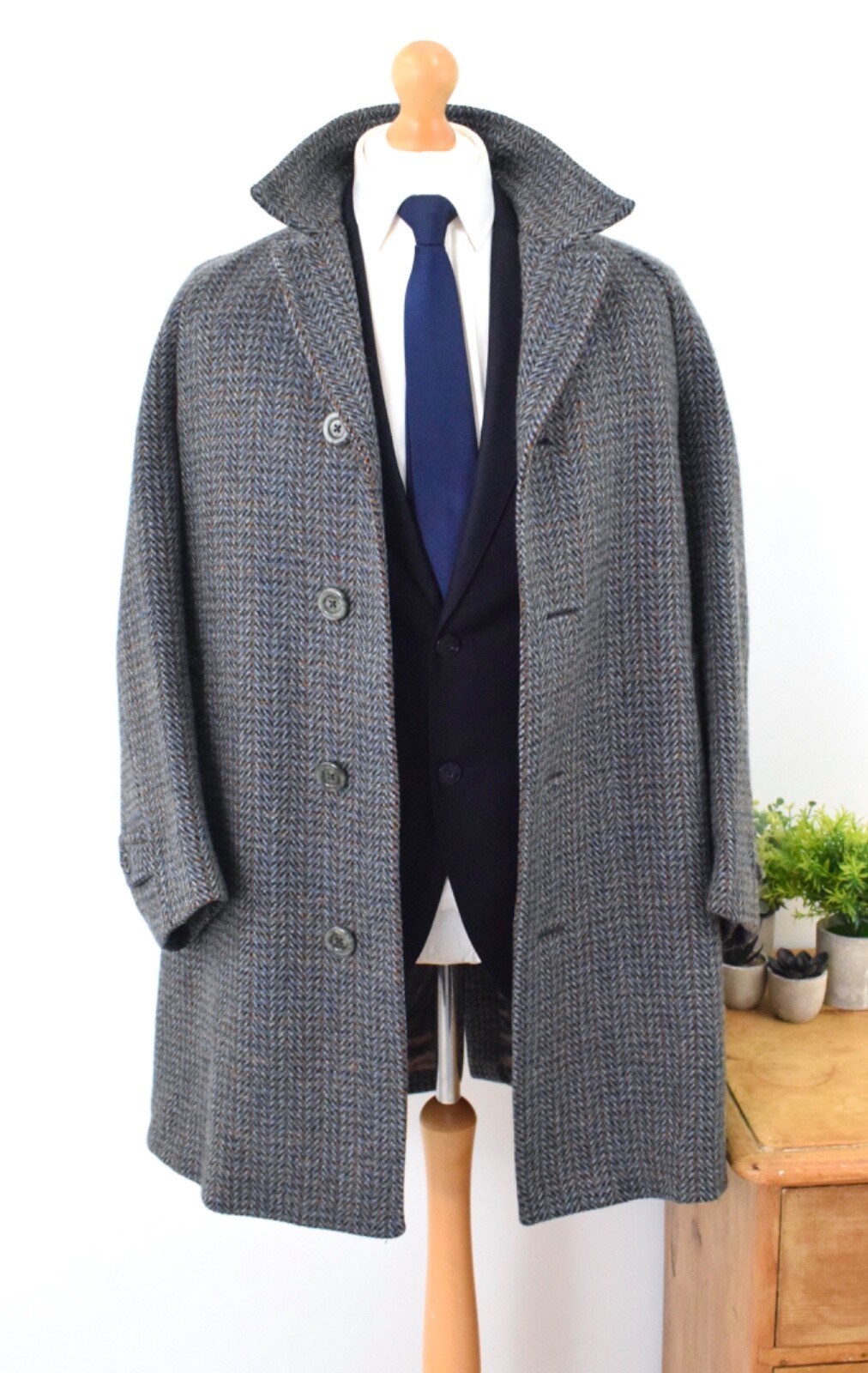 FILA Cappotto auto DUNN & CO spina di pesce tweed raglan taglia 38S 48S medio corto grigio navy