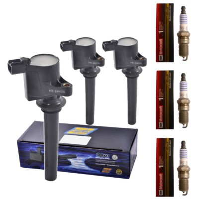 Set of 3 Motorcraft SP479 Spark Plugs + 3 Herko B056 Ignition Coils