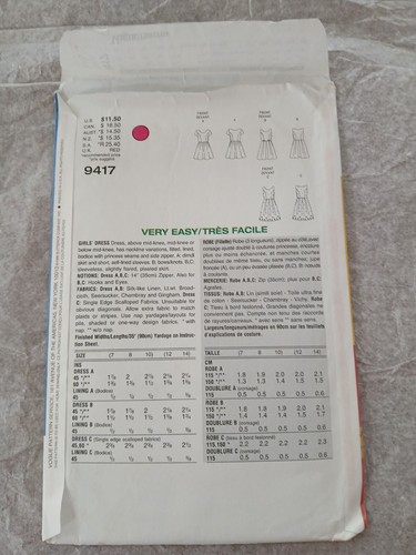 Vogue for Me 9417 Size 7-10 Girl Dress Uncut c1996 - Picture 2 of 7