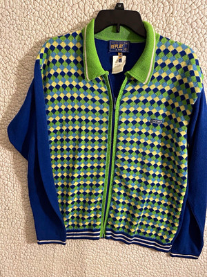 REPLAY unisex Full Zip Collared Knit Sweater Argyle Blue Green White Logo L