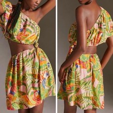 Farm Rio x Anthropologie Macaw Leaves Tropical 1 Shoulder Cutout Mini Dress Sz M