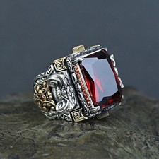 925 Men Silver Garnet Stone Ring Handmade Engraved Silver Ruby Stone Ring