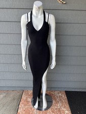 Black Knit Bodycon Dress with Strappy Sleeves and Side Slit