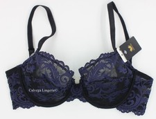NWT WACOAL 85132 "Instant Icon" Soft Cup Underwire Lace Bra, Black / Navy Blue