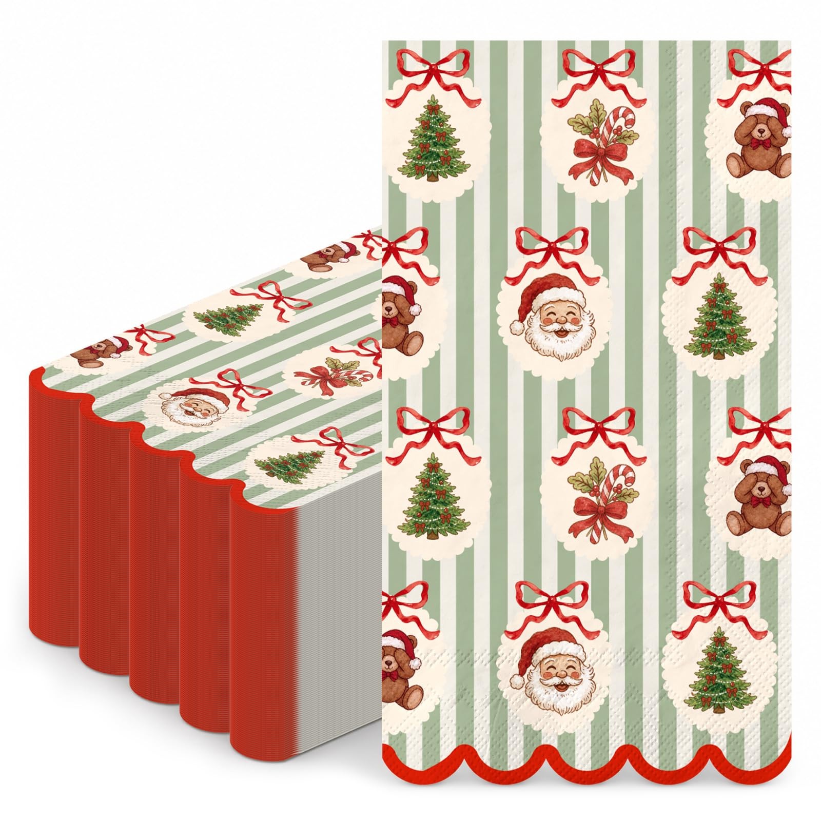50Pcs Christmas Scalloped Guest Napkins, Green-Beige Striped