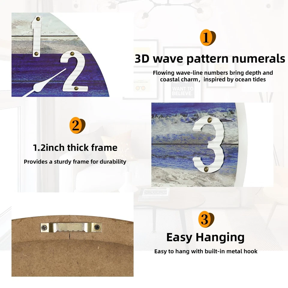 Reloj de Pared Grande Playa Azul 24 Pulgadas, Rústico Vintage Playa Decoración de Pared Costero... Foto 4 de 4