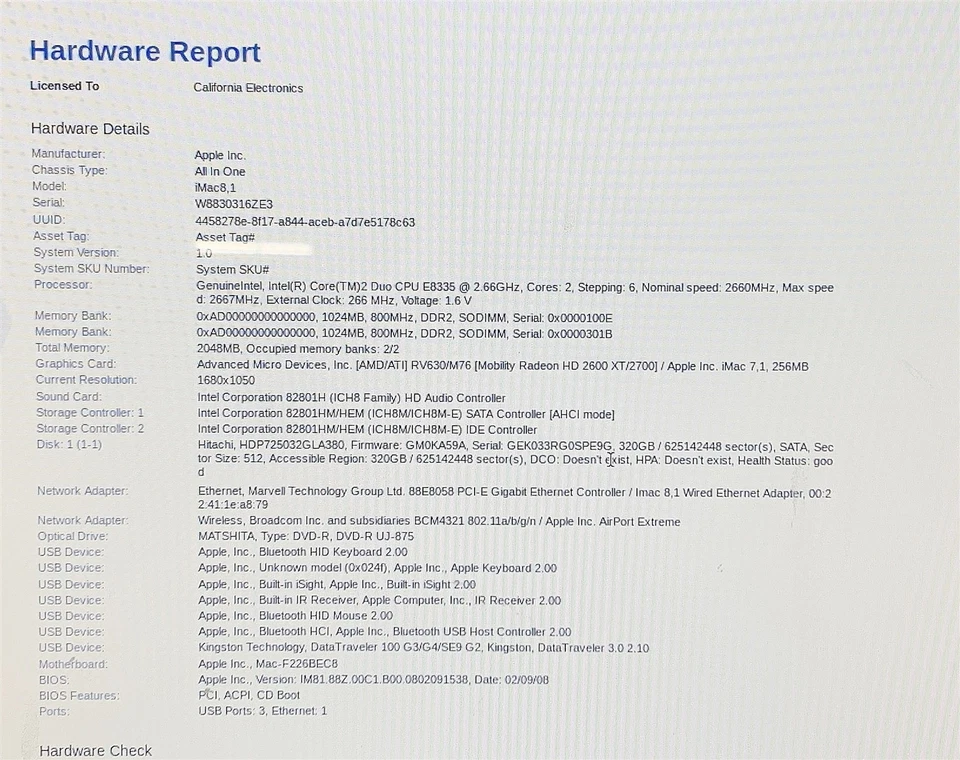 Apple iMac 8,1 A1224 2008 Intel E8335 2.66GHZ 20" 2GB RAM 320GB HDD OSX 10.10 - Image 2 of 4