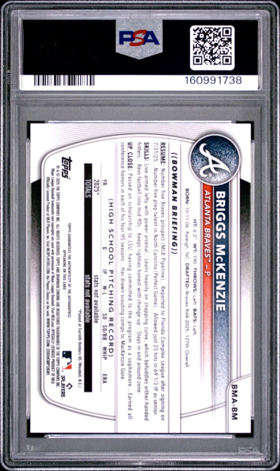 2025 Bowman Draft Mega Box Briggs McKenzie BMA-BM 1st Blue Mojo Auto /150 PSA 10 view 2