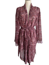 Valerie Stevens Robe Womens Large Paisley Patterned Attached Belt Lace Trim