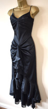 Y2K Vintage YVE LONDON Black Satin Ruffle Mermaid Maxi Dress S Cruise Party Prom
