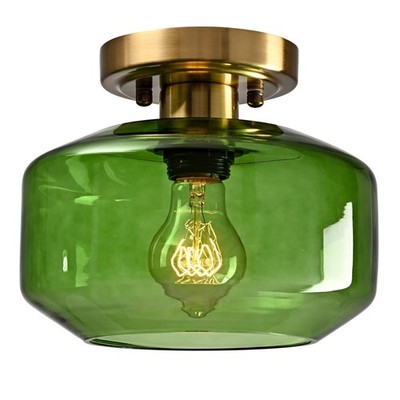 Vintage Green Glass Semi Flush Mid Century Ceiling Light