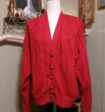 DSH Cherry Red Cardigan Argyle Button 100% Cotton XL USA Made Vintage Sweater