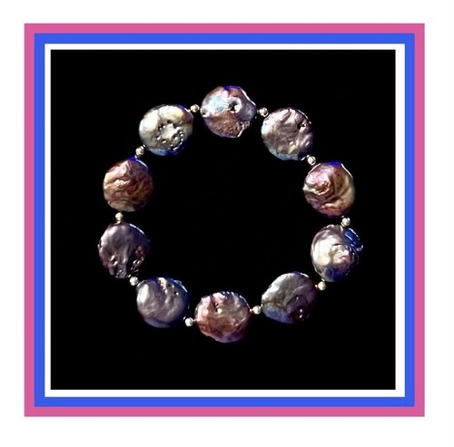 Ross-Simons 15-17mm Black Baroque Pearl & 14K Gold Spacer Beads Stretch Bracelet