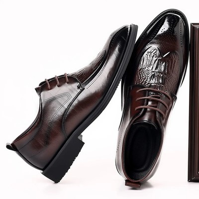 Men's PU Leather Crocodile Pattern Carving Height Increasing Formal Dress Shoes