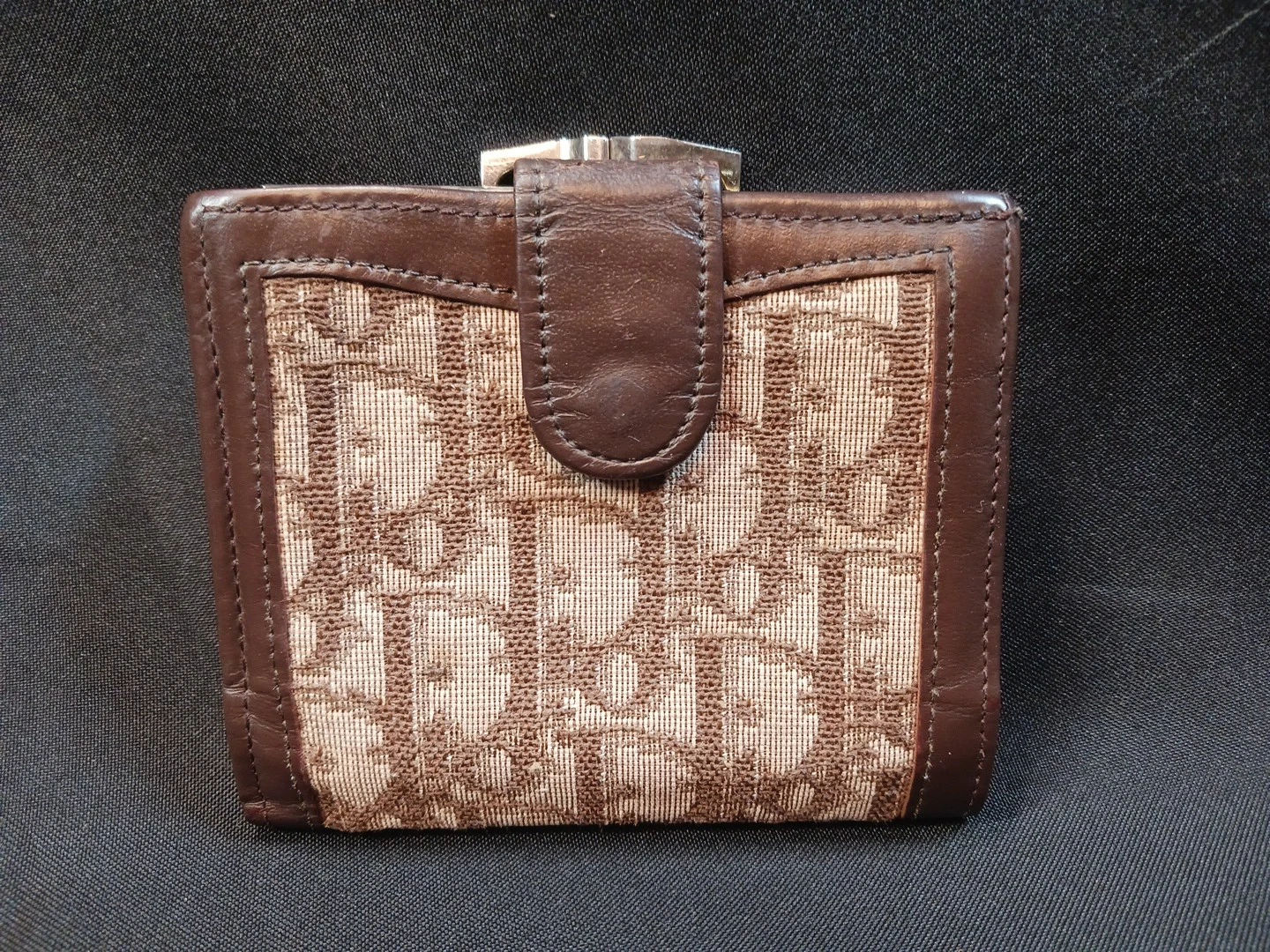 Portefeuille vintage authentique Christian Dior toile cuir double pli marron RARE !
