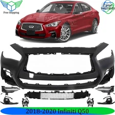 Front Bumper Cover Fascia & Fog Light Assembly Kit For 2018-2020 Infiniti Q50
