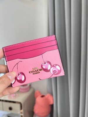 NWT CR840 Slim Id Card Case Cherry print Leather Pink 10*7cm