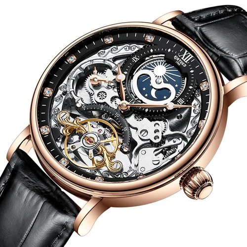KINYUED Skelett Tourbillon Mondphase Mechanische Uhr Luxus Herren Diamant Uhr - Bild 13 von 22