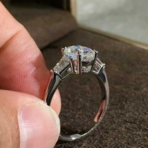 FINE 3.CT Created Oval Cut Three Diamond Engagement Ring 14k White Gold Finish - Picture 3 of 4