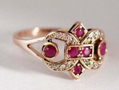 0.50 Ct Round Cut Natural Red Ruby Fleur-de-lis Ring in Rose Gold Plated Silver