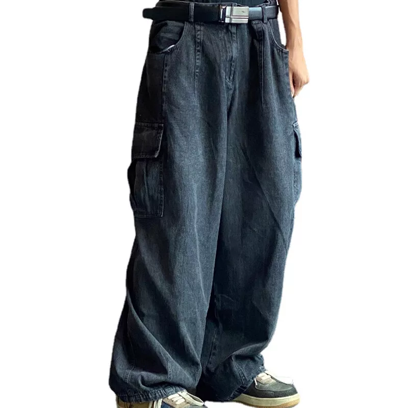 Men Retro Baggy Jeans Hip Hop Denim Pant Cargo Pockets Loose Wide Leg Big  Pocket