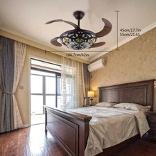 42" Tiffany Ceiling Fan Light Chandelier LED Dimmable Retractable W/ Remote 56W