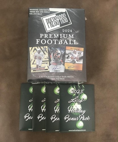 2024 LEAF PRESS PASS HOBBY BOX W/ 5 AUTO'S +  4 BONUS 2023 HOLIDAY BONUS PACKS