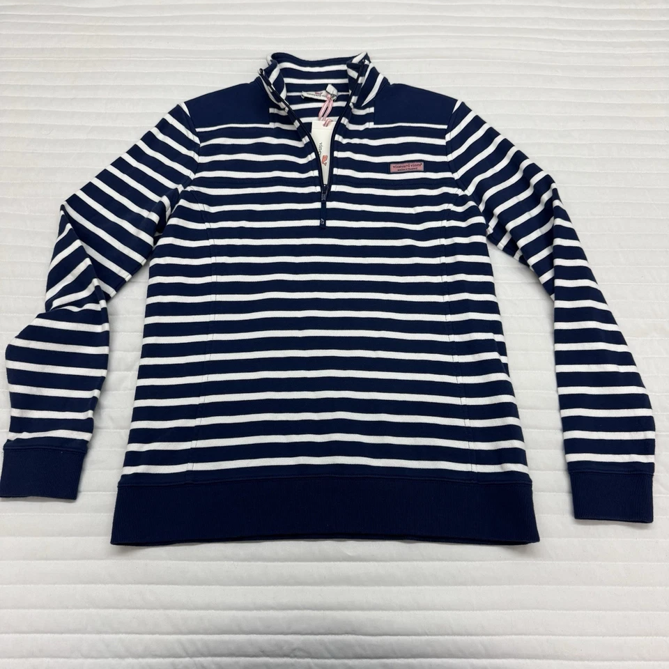 全新带标签 Vineyard Vines 女式条纹羊 1/4 拉链套衫蓝色白色 S 码 — 第 2/4 张图片