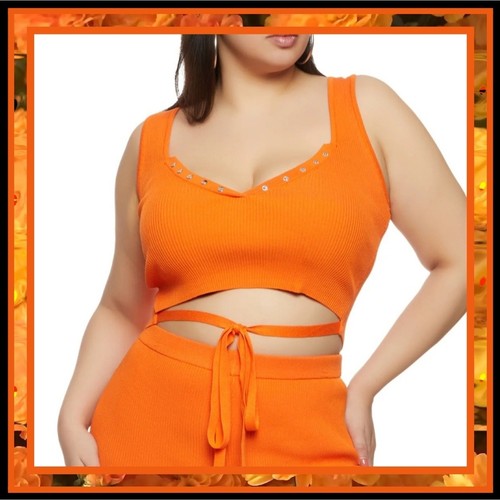 SUNNY ORANGE ☆ RIBBED KNIT ☆ STUDDED NECKLINE ☆ CROP TANK 2x ☆ NWT