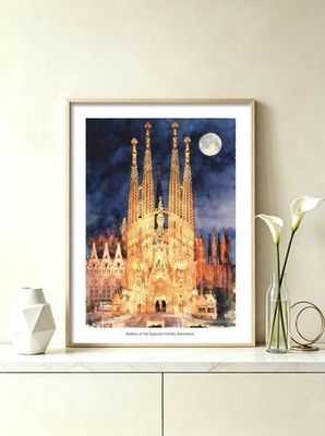 Set of 2 | Sagrada Familia Barcelona Santiago Compostela Watercolor Print 12X16''