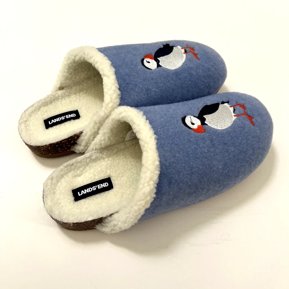 Lands' End Sherpa Lined Clog Slippers Blue Puffin Embroidered House Shoes SZ 10 - Image 4 of 4
