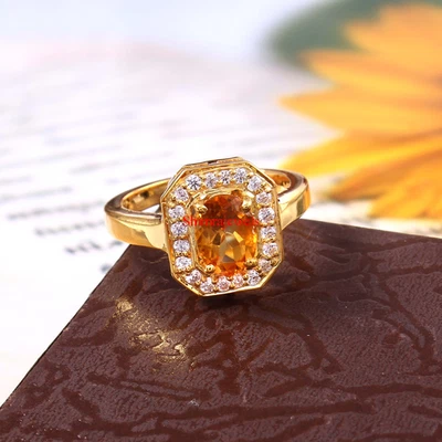 Natürlich Citrin Edelstein Mit 18k Vergoldet Silber Damen Ring #17 - Bild 1 von 4