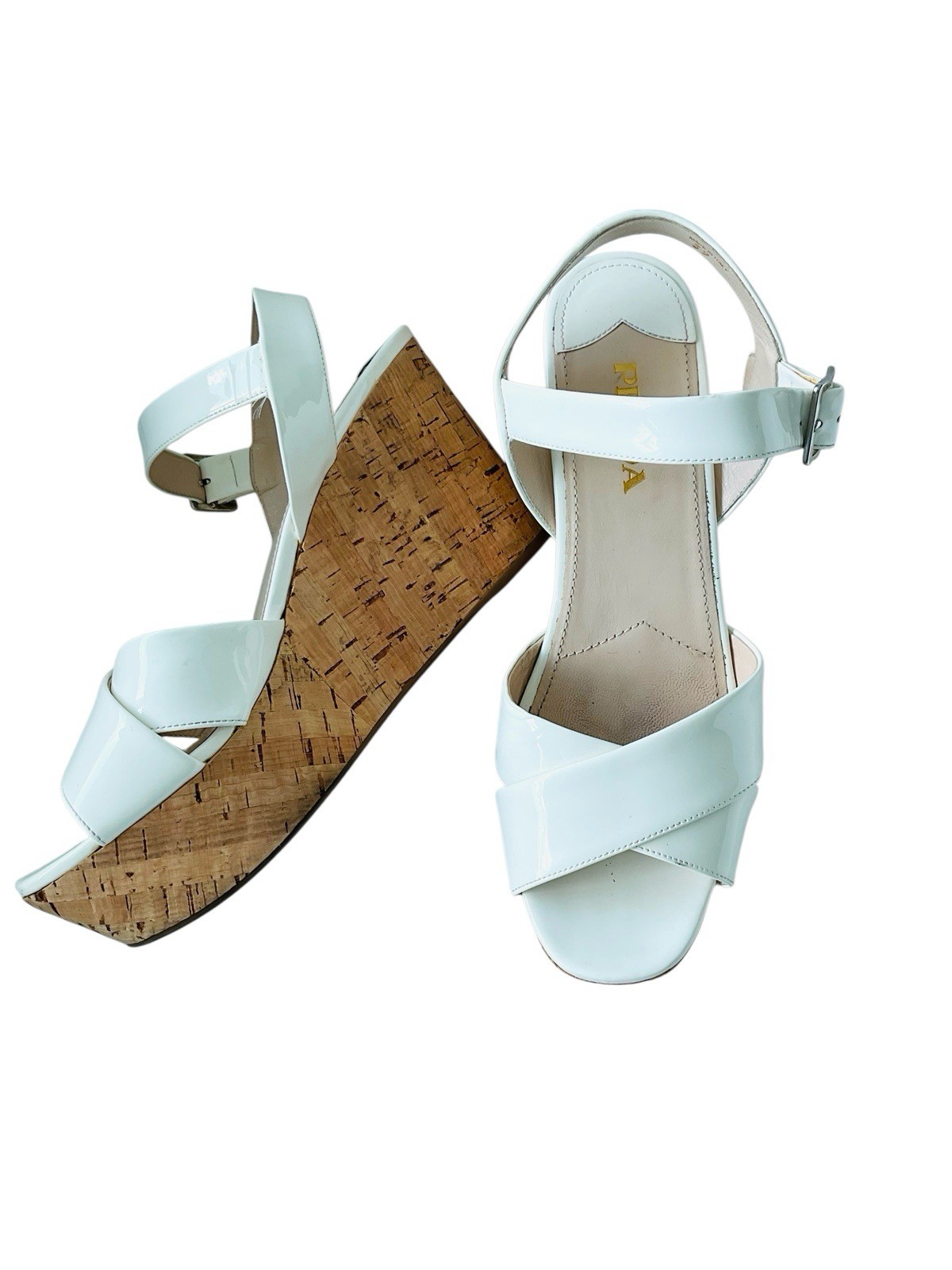Prada White Patent Leather Cork Platform Wedge Sandals Criss Cross EU 39 thumbnail 2