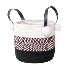 Spliced Cotton Rope Storage Basket with Handle White Black Organizer Bin 1PCS