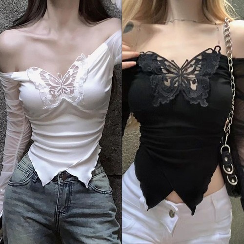 Sexy Hollow Off Shoulder T Shirts Women's Korean Style Long Sleeve Streetwear - Picture 3 of 27
